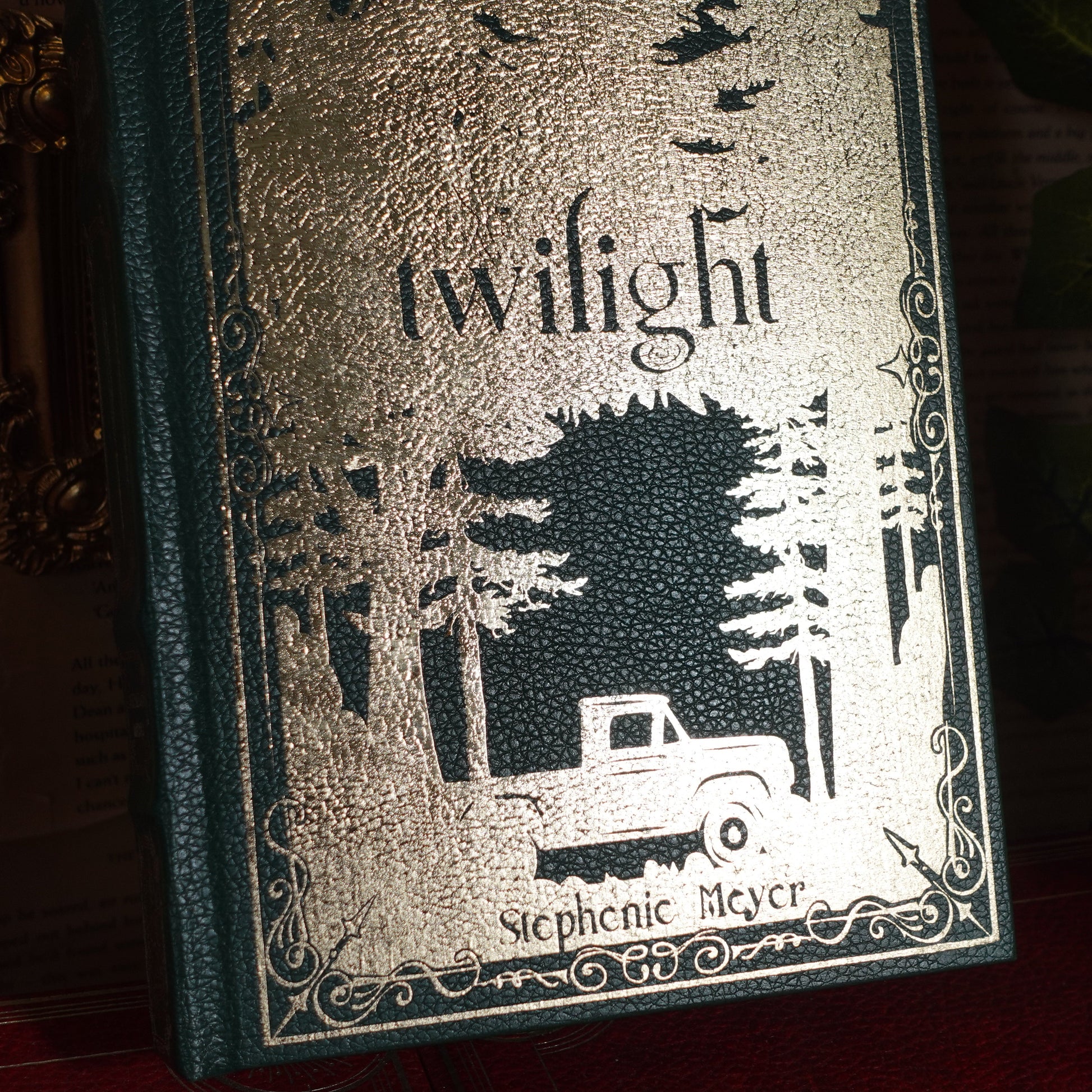 Book titled 'Twilight' by Stephenie Meyer with a cover design featuring trees and a truck.